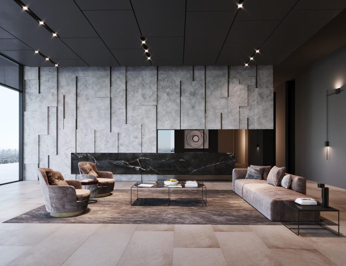 Interior lounge with stone walls, dark marble and layered lighting.