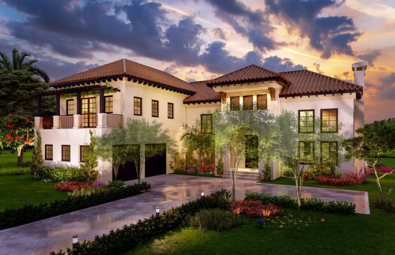 Front elevation at dusk of a two-story Mediterranean residence with tiled hip roofs and a planted forecourt.