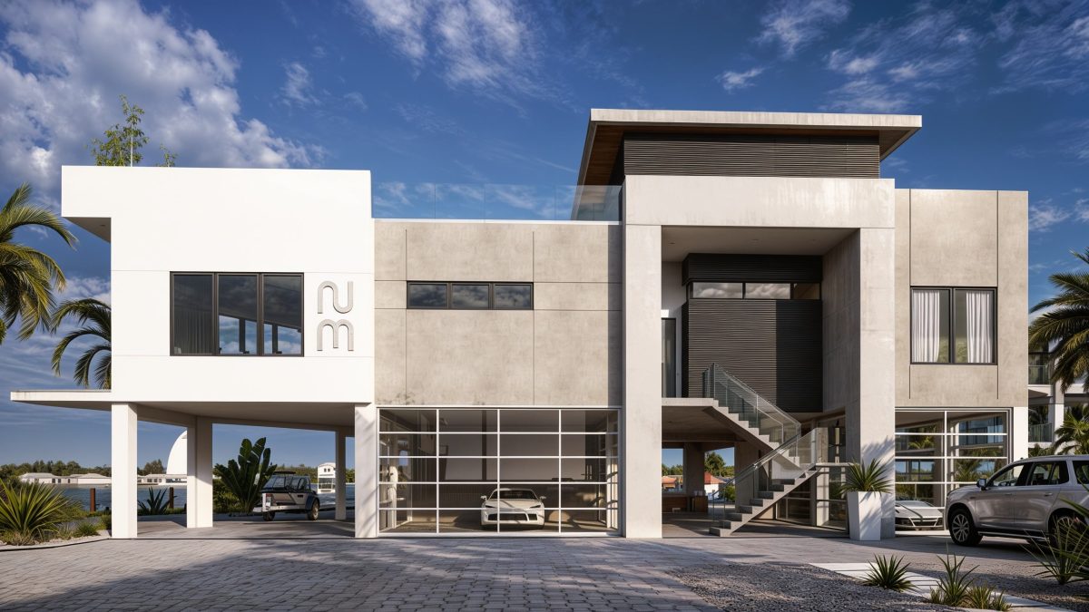 Street elevation of an elevated residence with covered parking below, glass garage doors and an external stair.