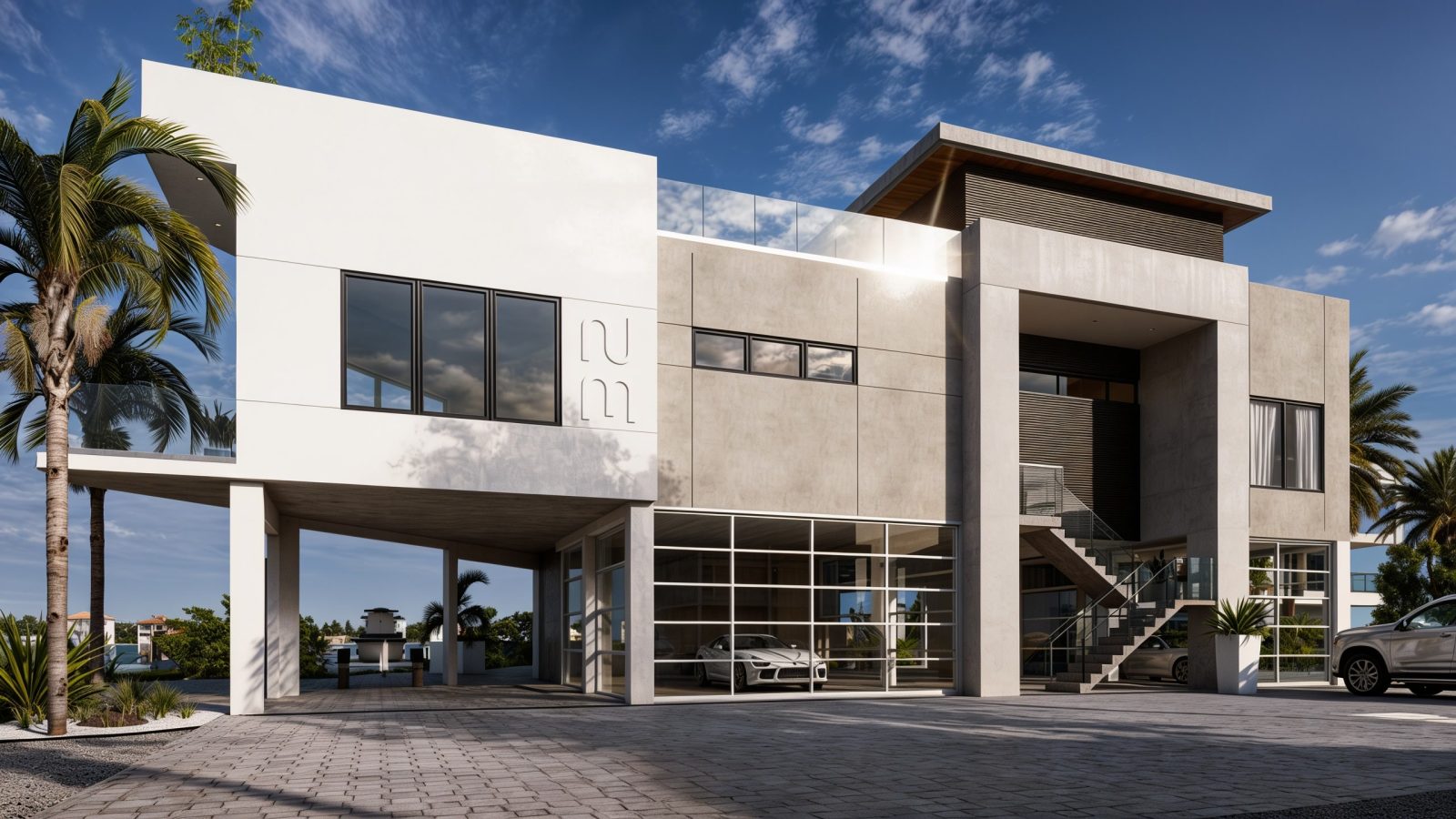 Corner view of the elevated residence showing the entry stair and covered parking bay.
