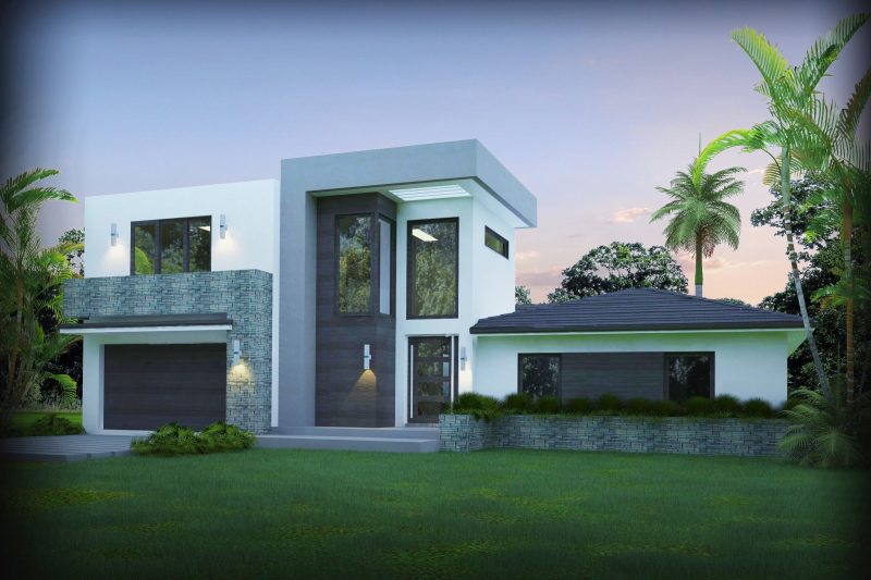Contemporary two-story residence at dusk with a lit garage forecourt and palms.