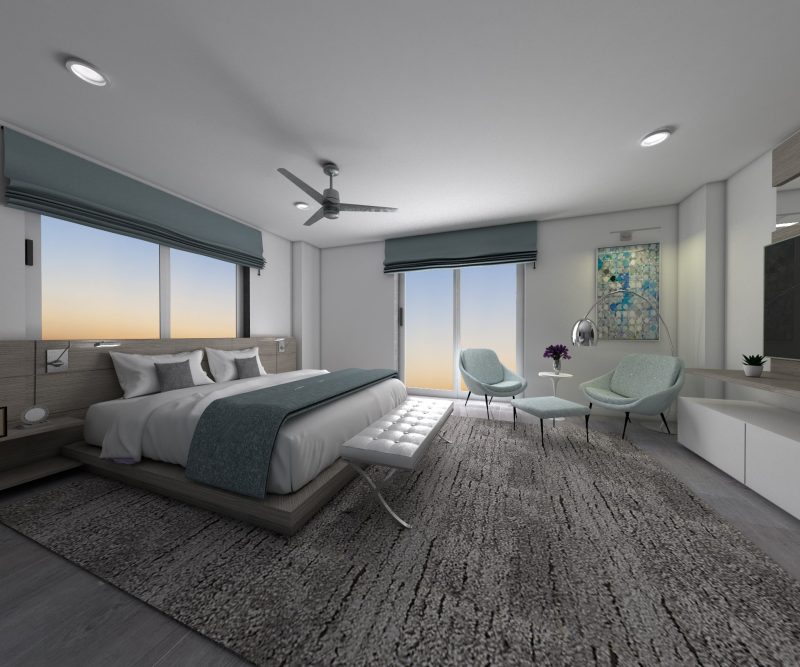 Bedroom interior with a glazed corner and soft coastal tones.