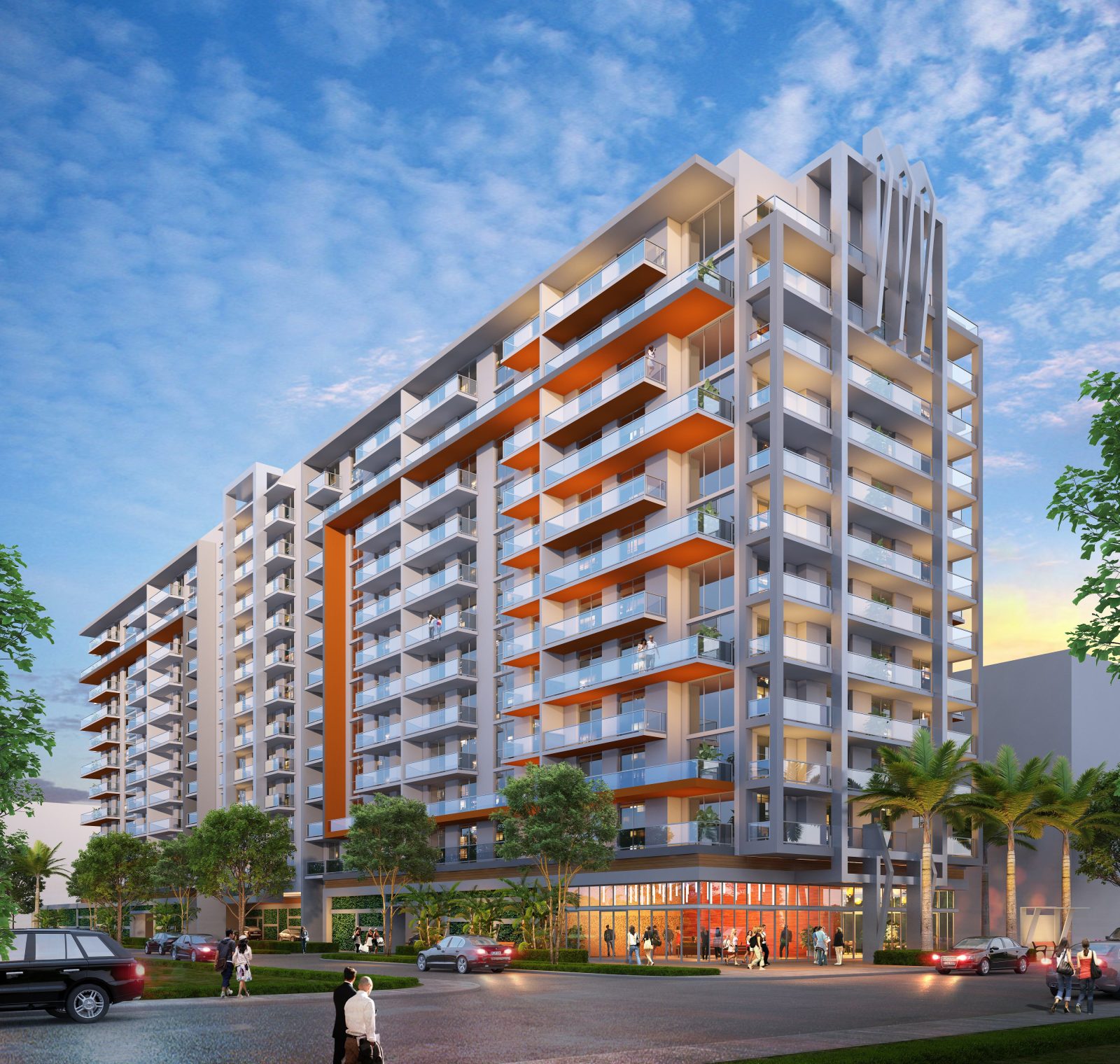 Street view of the apartment tower with orange accent balconies and a glazed ground floor.