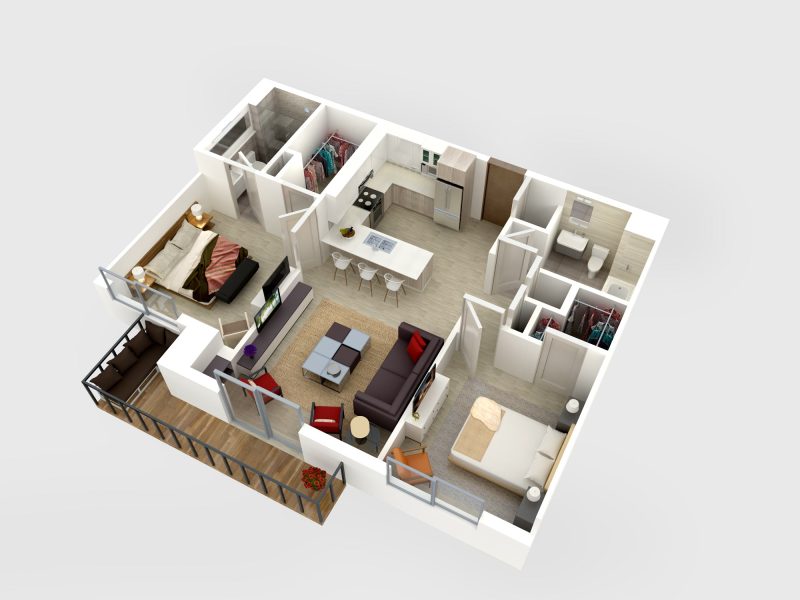 Cutaway three-dimensional plan of a furnished condominium unit.