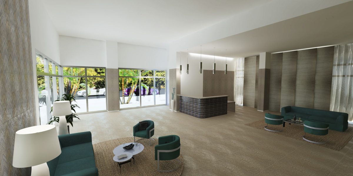 Reception lounge with full-height glazing to a courtyard and green upholstered seating.