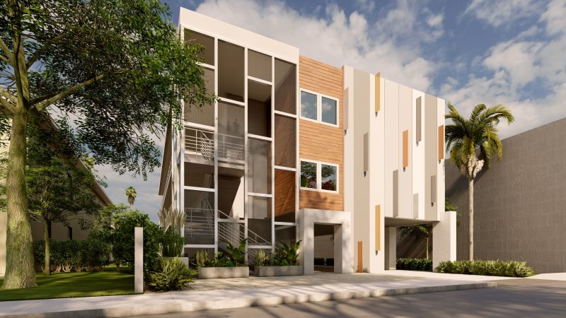 Three-story infill multifamily building with a screened facade of glass, timber and white fins.