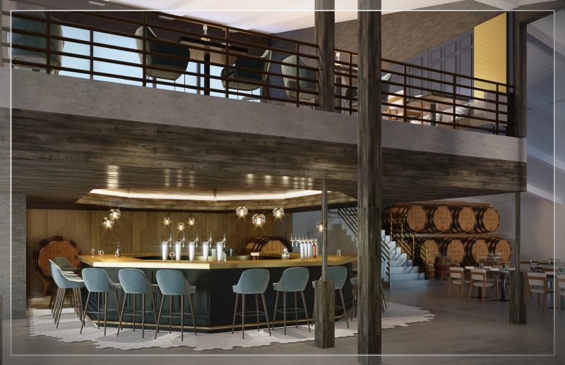 Restaurant interior with a long bar, timber barrels and a mezzanine above.