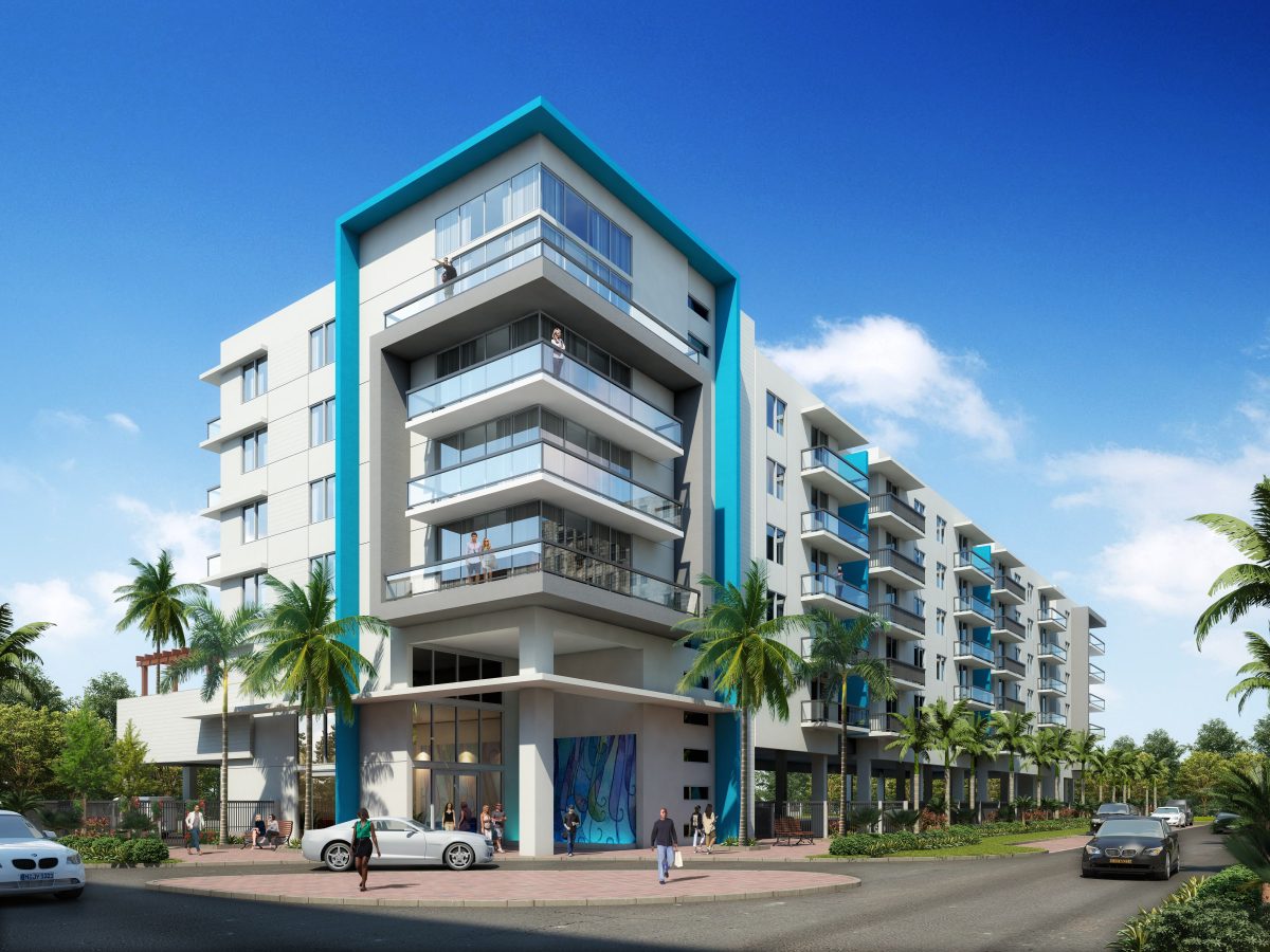 Six-story condominium block on a corner site with teal accent volumes and ground-floor retail.