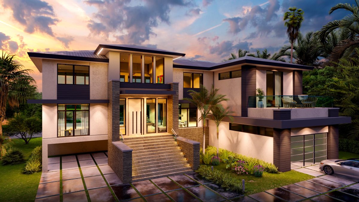 Front elevation at dusk of a two-story residence layered in stone, timber and glass, approached by a central stair.