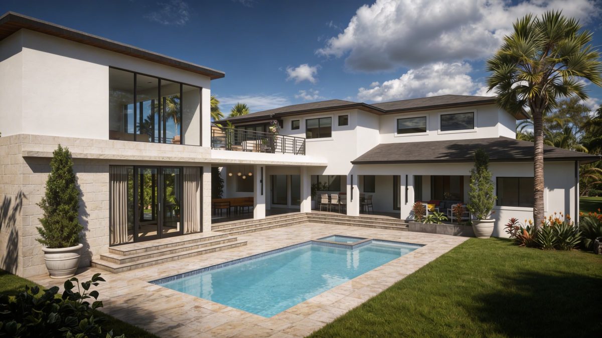 Rear elevation of a contemporary white residence with a courtyard pool, roof terrace and double-height glazing.