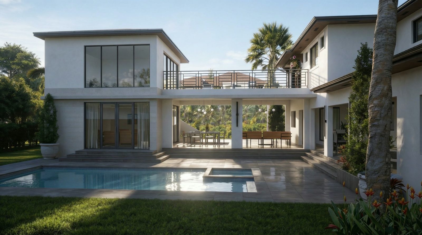 Pool terrace passing beneath the glazed bridge that links the house's two wings.